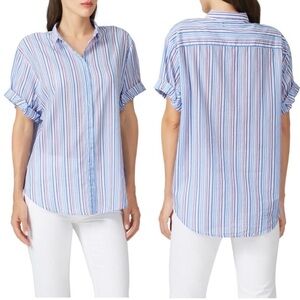 Xirena Short Sleeve Channing Striped Button Down Shirt Blue Red Stripes Small